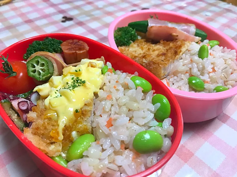 #タルタルとんかつ#鮭フレークと枝豆の混ぜご飯#オクラベーコン#お弁当|NPさん