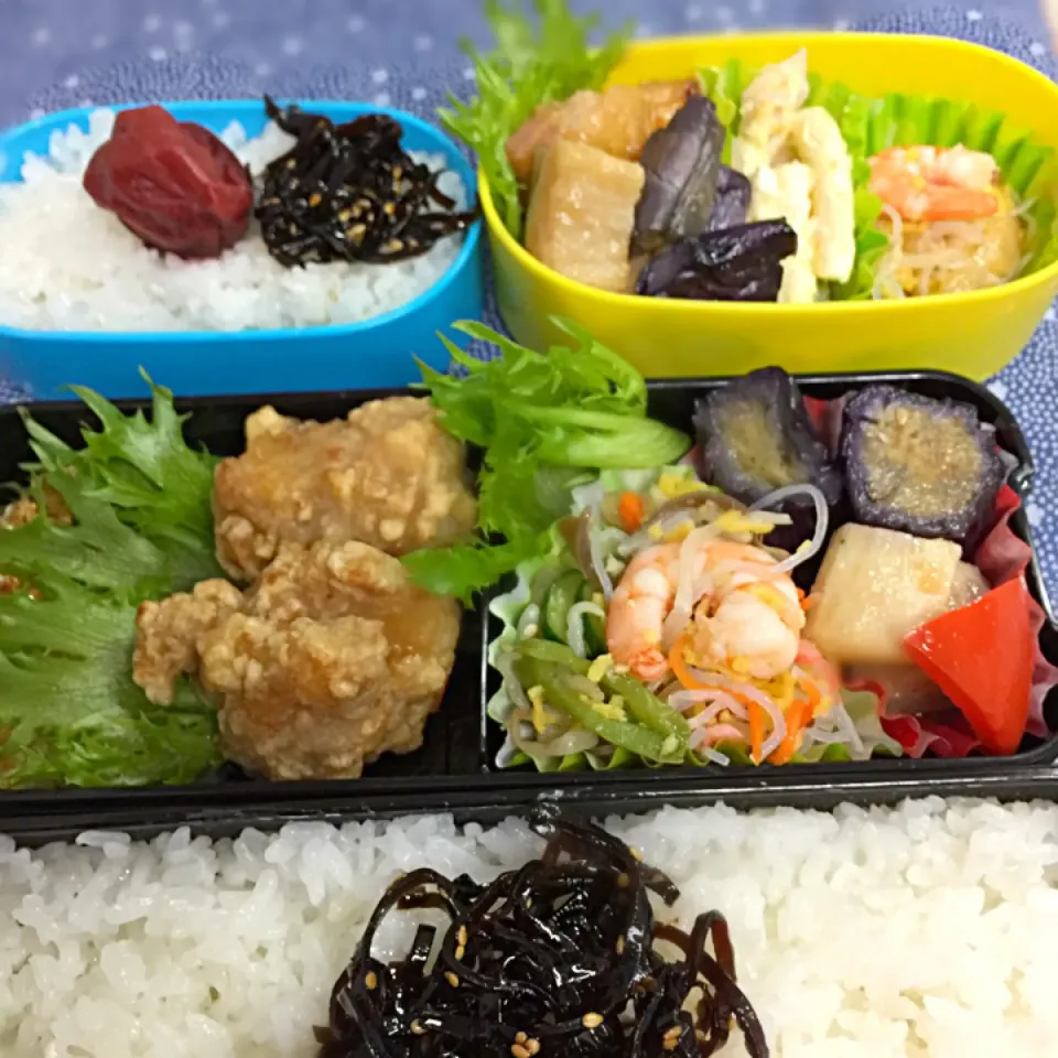 今日のお弁当♡鳥の唐揚げ＊ナスと山芋の揚げ浸し＊エビ春雨など|♡I u♡さん