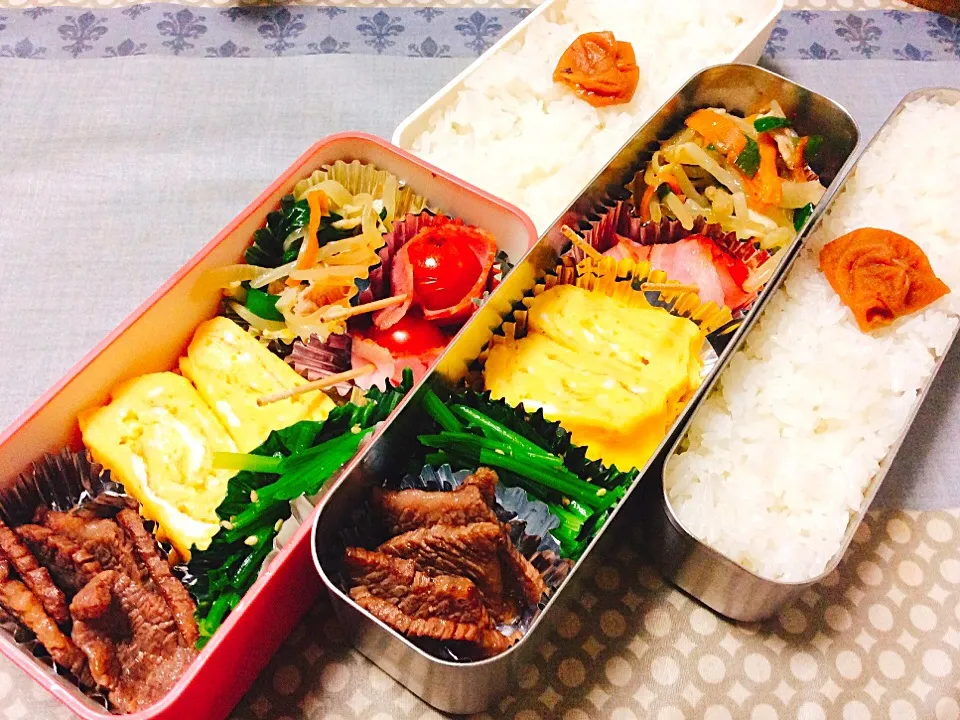 Snapdishの料理写真:今日は父娘弁当🍱
#焼き肉
#出汁巻き卵 
#ほうれん草のナムル
#プチトマトのベーコン巻き 
#もやし炒め
#父娘弁当|madeleineさん