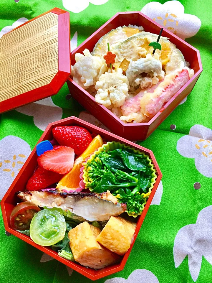 Snapdishの料理写真:#お父さん弁当 #玄米ご飯 #鰆の酒粕味噌焼き #カボチャ #天ぷら|Blueberry🫐さん