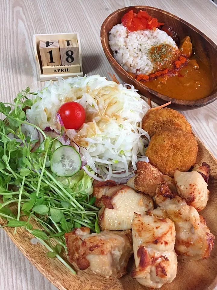 Snapdishの料理写真:らんち！
#から揚げ
#ノンフライ調理
#激辛チキンカレー|伍龍やすさん