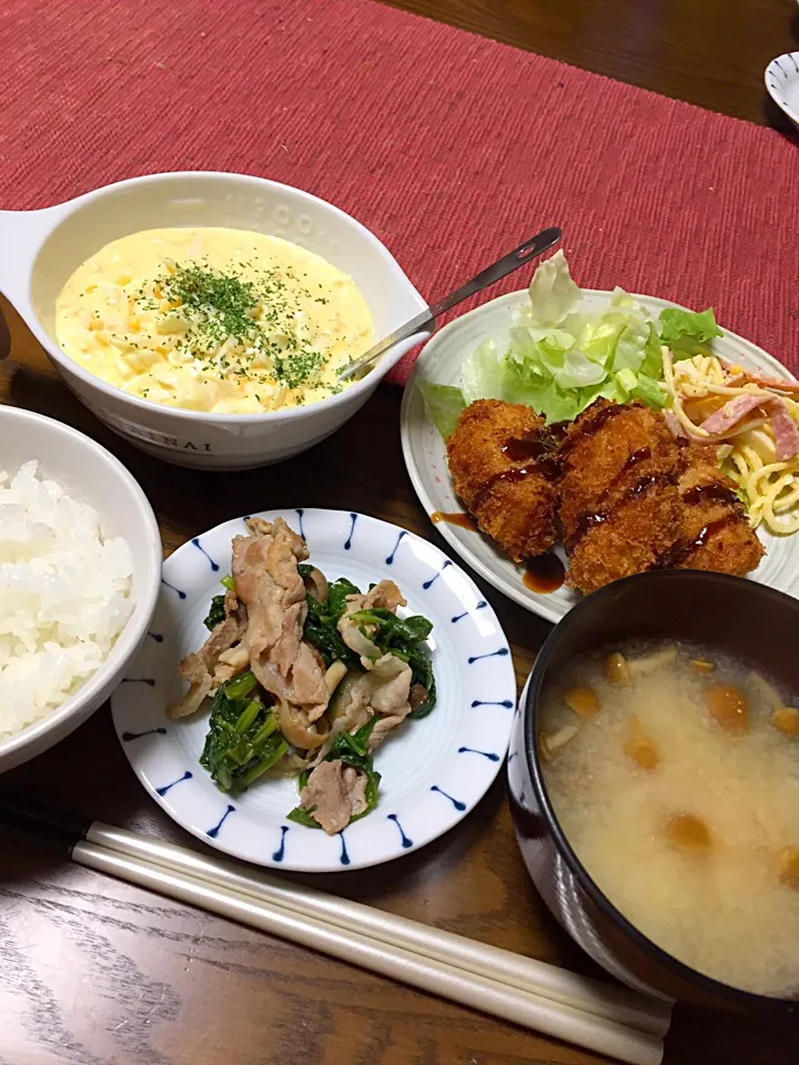 #カキフライ
#自家製タルタルソース
#豚肉と大根菜の炒め物
#味噌汁|Terumi  Yokosawaさん