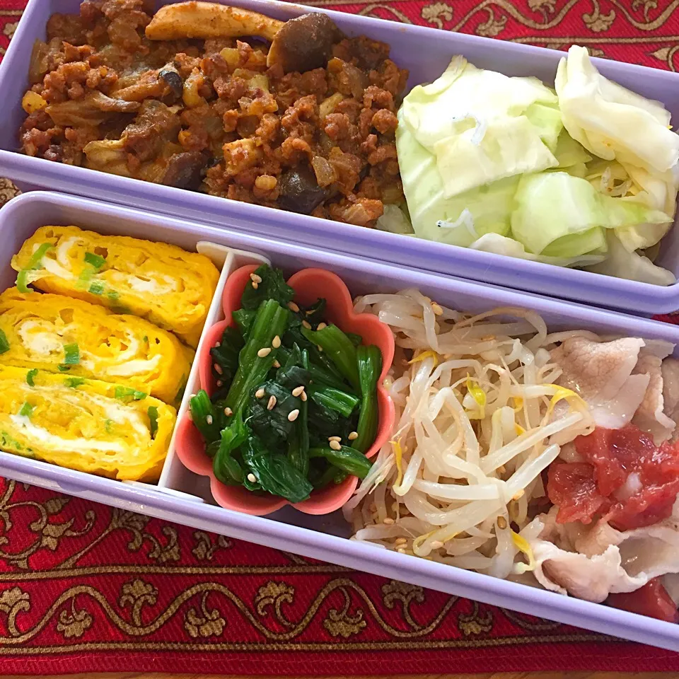 Snapdishの料理写真:豚肉の梅肉和えともやしのナムルときのこのキーマカレー弁当|もえさん