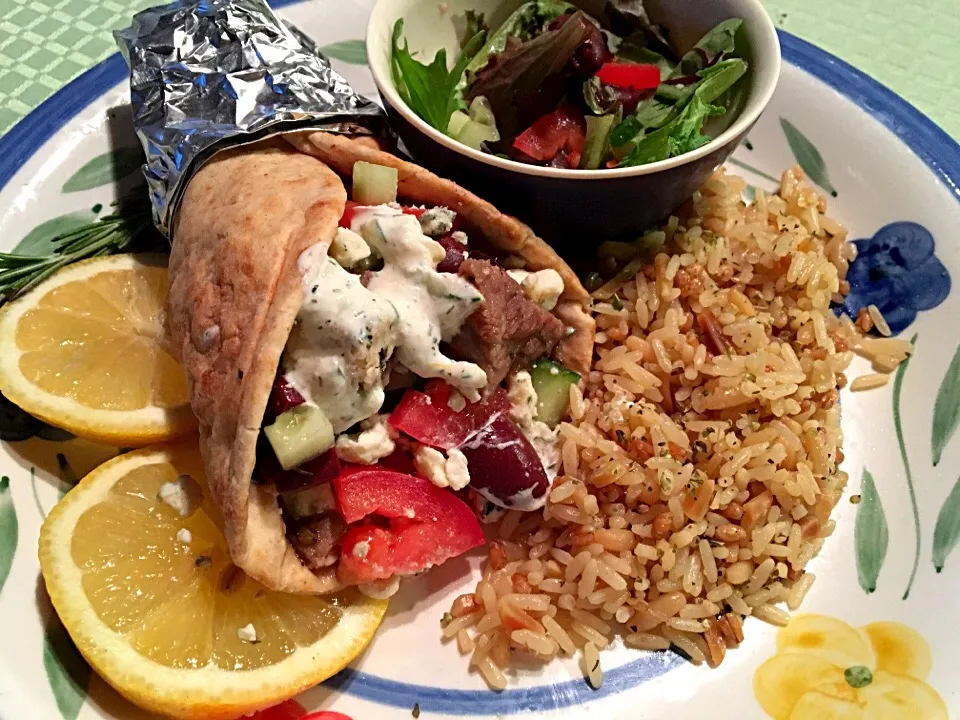 "Gyro" from leftover smoked Easter lamb; pilaf and salad.|MJRoperさん