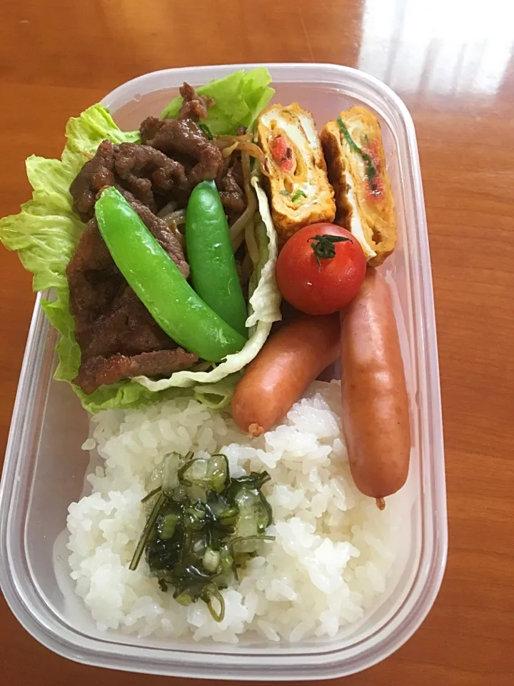 Snapdishの料理写真:焼肉弁当🎶
  ✳︎✳︎✳︎明太玉子焼き  ウィンナー  天肉焼き  スナップエンドウ  山葵わかめ✳︎✳︎✳︎|みゆさん