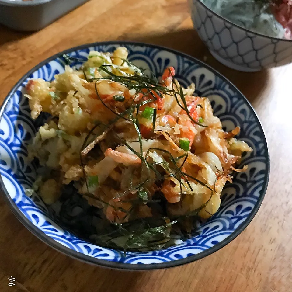 Snapdishの料理写真:小柱と三つ葉、桜えびと新玉ねぎのかき揚げ丼|まる(丸大豆)さん