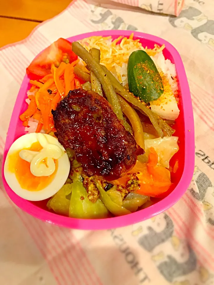 パパお弁当🍱😋  ハンバーグ  キャベツと春野菜のマヨマスタードサラダ  トマト  人参ソテー  きんぴらゴボウ  きゅうりと大根の糠漬け  干し海老|ch＊K*∀o(^^*)♪さん