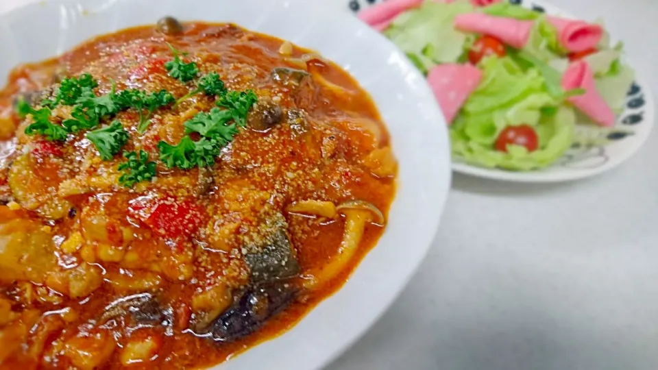 チキン煮込みとサラダ|こむぎさん