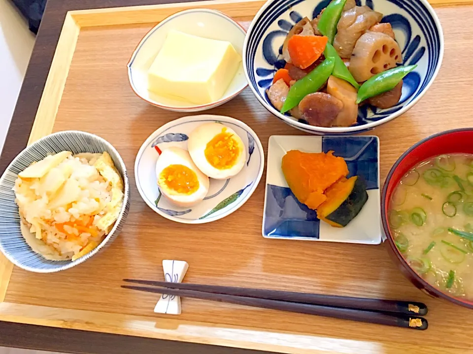 たけのこご飯  筑前煮  かぼちゃの煮物   煮卵   味噌汁|NAKATAさん