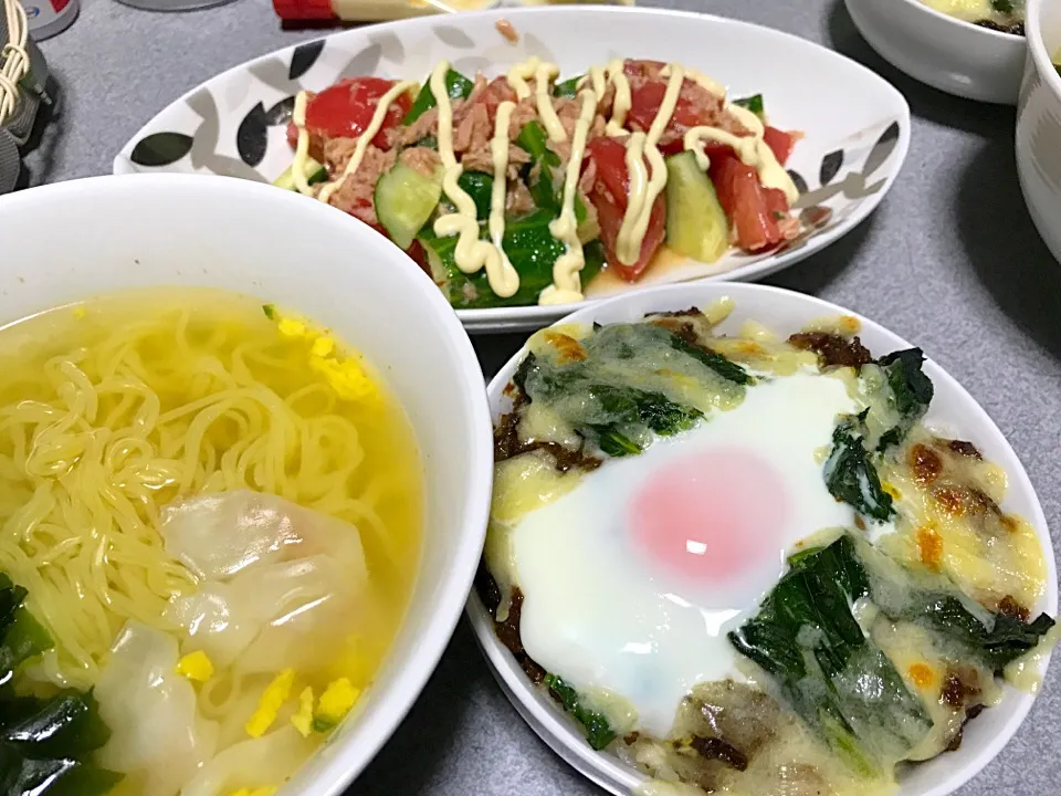 もち麦飯焼チーズカレードリアライス、塩ラーメン、ツナきゅうりトマトサラダ|ms903さん