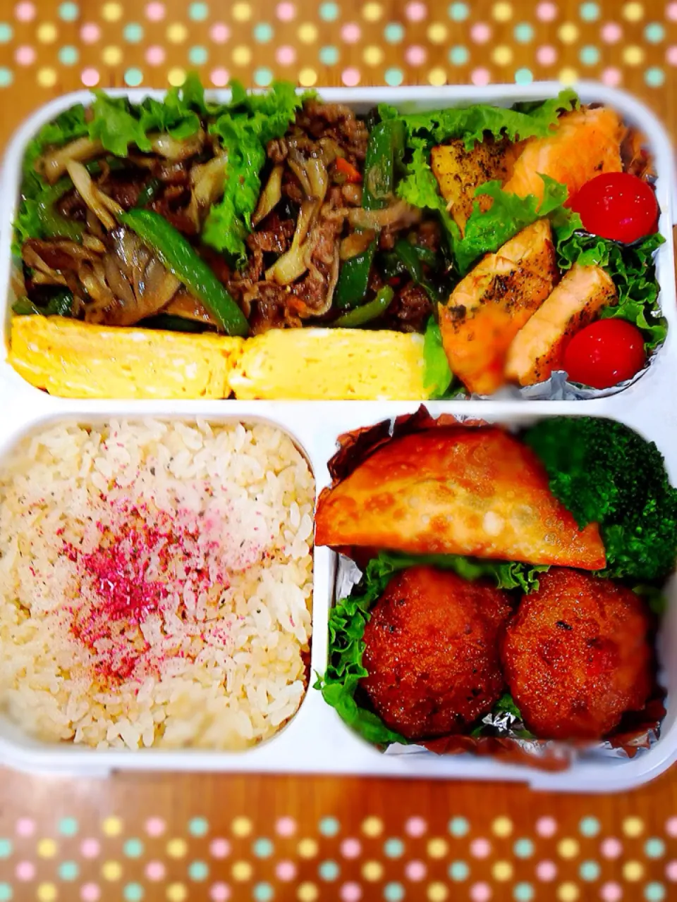 主人のお弁当、部下くんへのお裾分けつき。青椒肉絲、チーズ揚げ、卵焼き、さつま揚げ、サーモン。|泡子さんさん