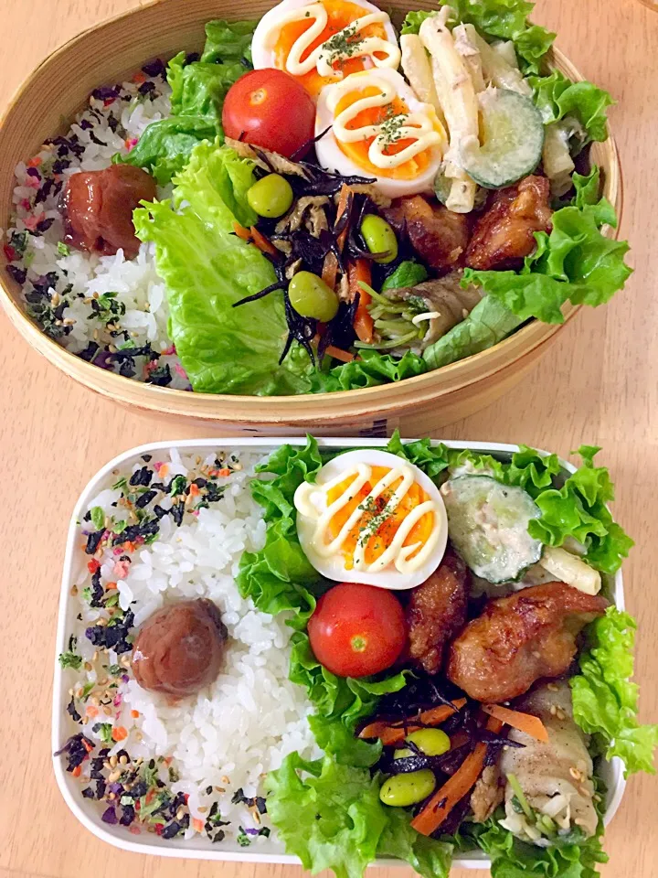 Snapdishの料理写真:#曲げわっぱ弁当 #旦那弁
#ひじきの煮物#唐揚げ#マカロニサラダ#ゆで卵#豚バラ豆苗巻き#ミニトマト|えりこさん