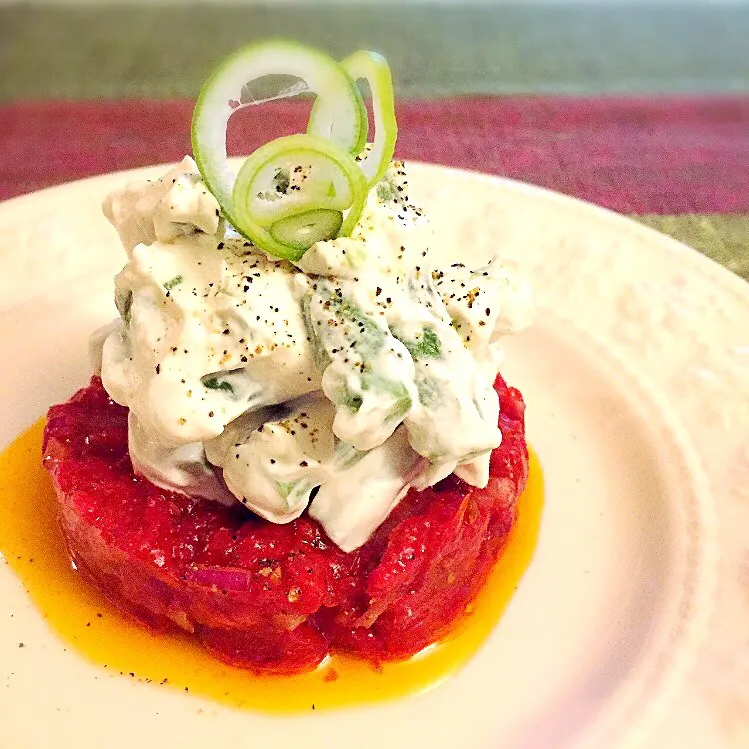 きょーこさんの料理 トマトコンフィのタルタル、いんげん豆のクリーム和えとともに🍅|きょーこさん