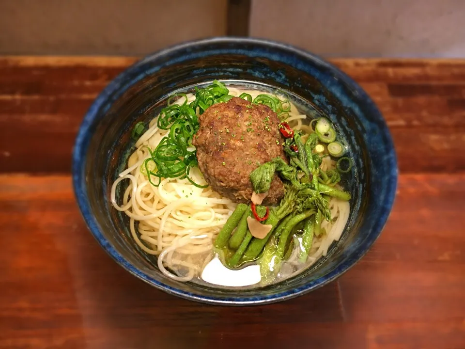 手作りハンバーグとタラの芽ソテー温めん2|半田手延べそうめんの店 阿波や壱兆さん