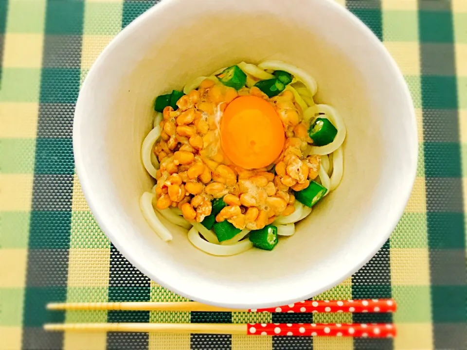 Snapdishの料理写真:オクラ納豆釜玉うどん♡|hii⑅◡̈*さん