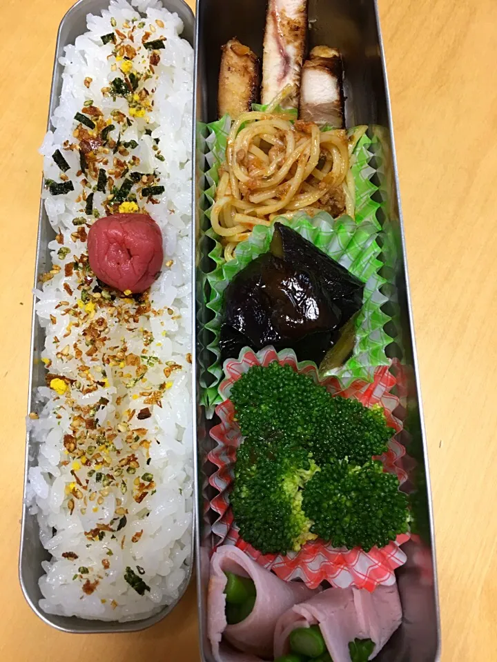 カジキの西京味噌焼き 茄子煮 アスパラのハム巻き ブロッコリー ミートソーススパ弁当|Kumiko Kimuraさん