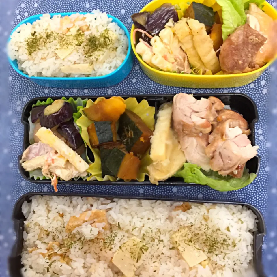 今日のお弁当♡タケノコご飯＊タケノコ天ぷら＊鳥の塩焼き＊かぼちゃの煮物＊豚肉とナスの揚げびたし＊マカロニサラダ|♡I u♡さん