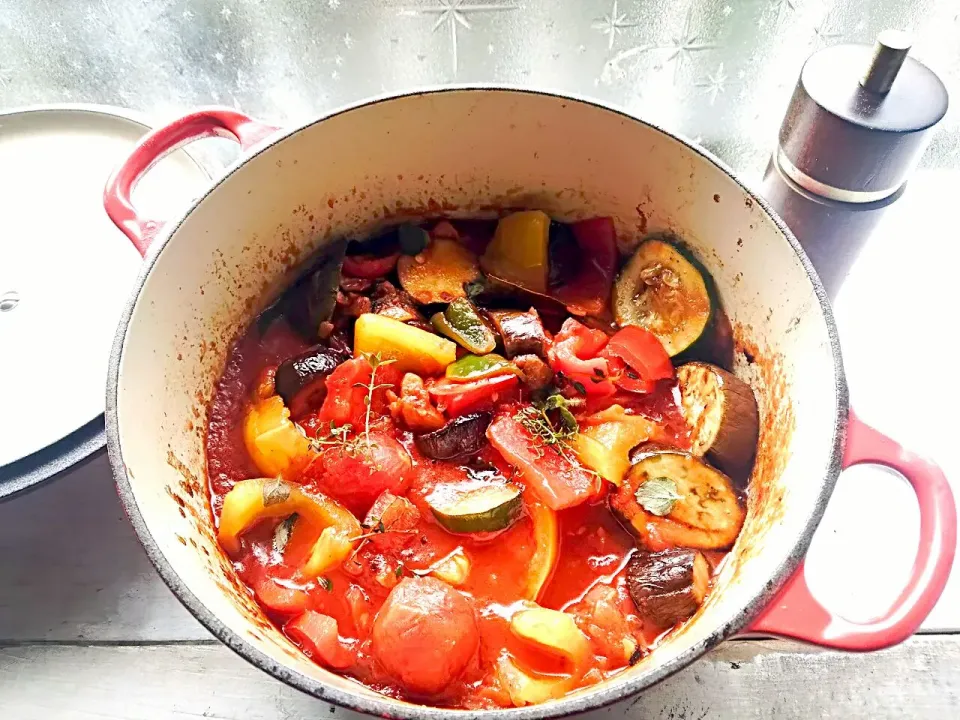 【庭見lunch】摘みたてハーブの香りと走りの夏野菜の歯応えを楽しむ、鍋ごとラタトゥイユ。一人で完食。|KimaLABOさん