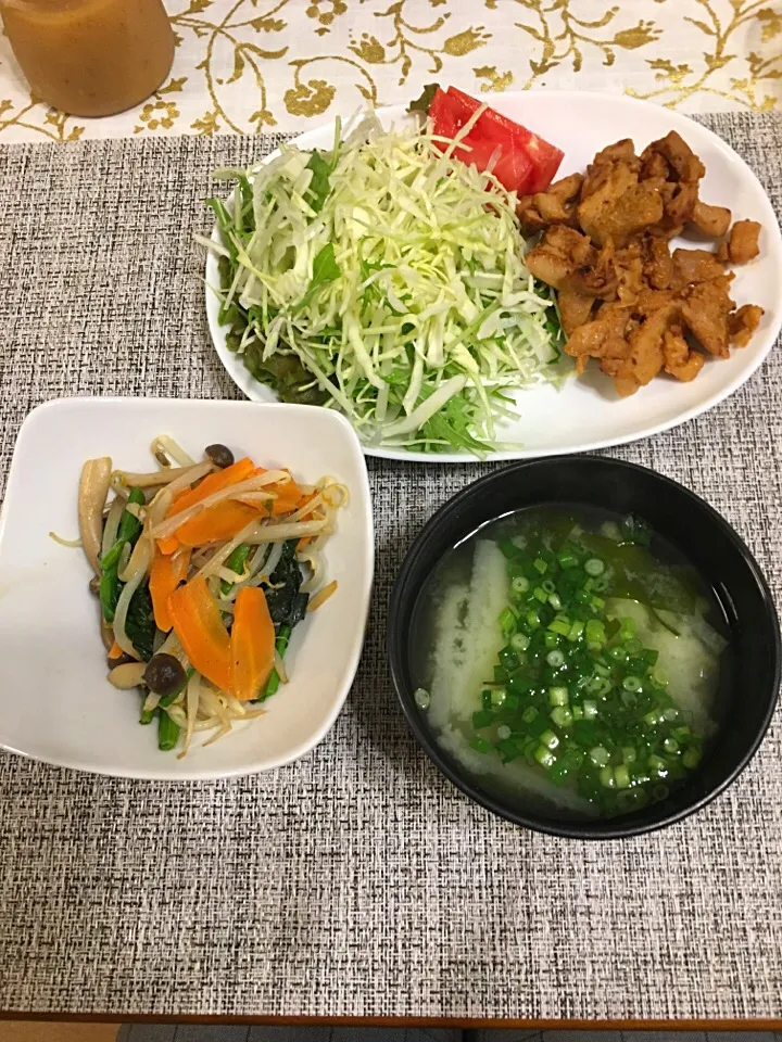 鶏肉のネギ味噌炒め、大根味噌汁、野菜炒め|kumi♡さん