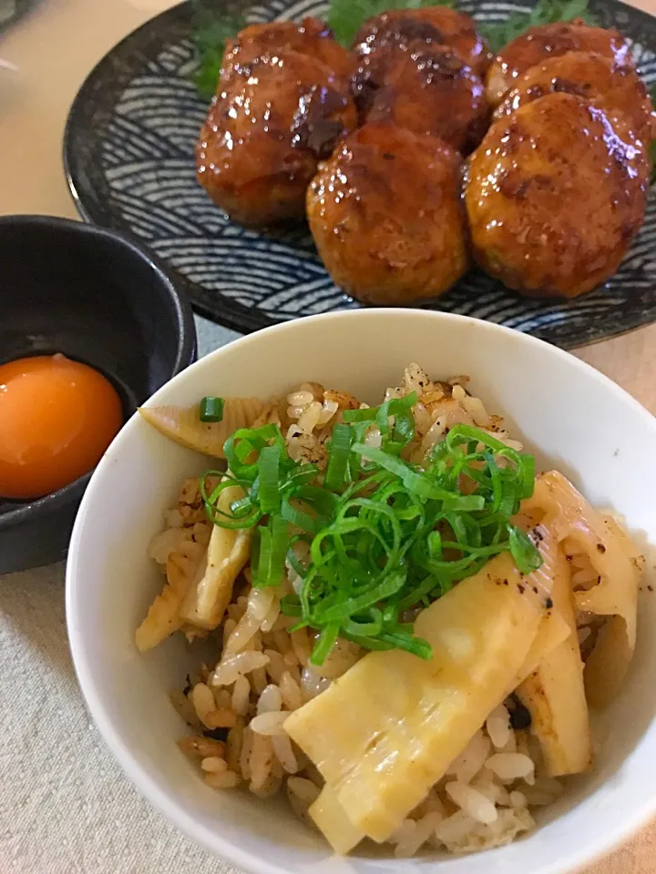 筍ご飯/鶏つくね甘辛だれ←黄身を絡めて戴きます♪|Hiropanさん