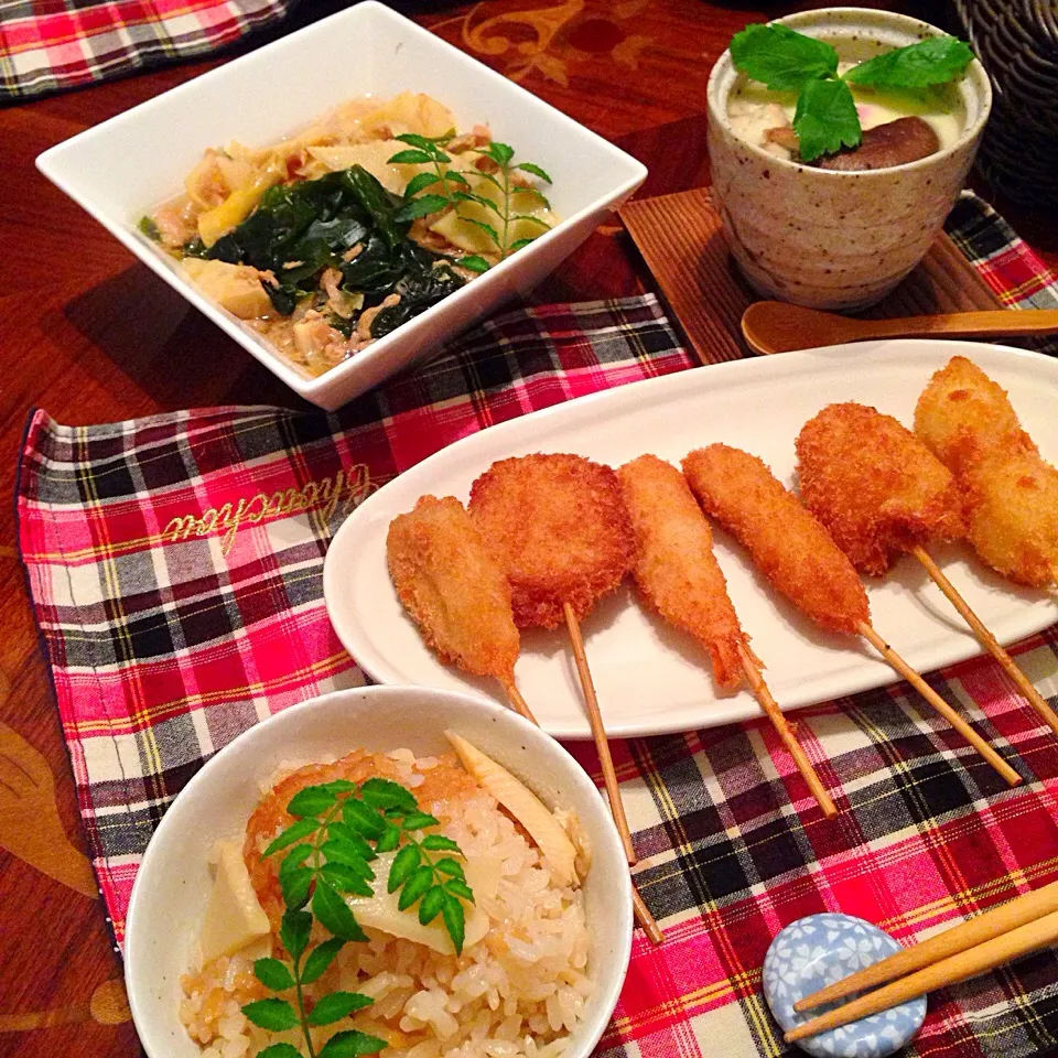 今日の晩御飯(๑´ڡ`๑)たけのこご飯、若竹煮、串揚げ、茶碗蒸し♡|ちゃたままさん