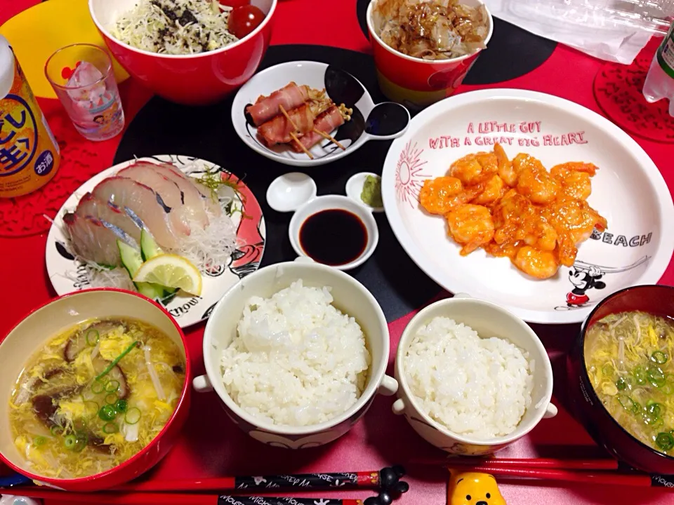 Snapdishの料理写真:きゃべつぷちとまとさらだ
べーこんえのきまき
しまあじのさしみ
えびまよ
とうふしらすのせ
しいたけちゅうかふうすーぷ|ミッキーまうすさん