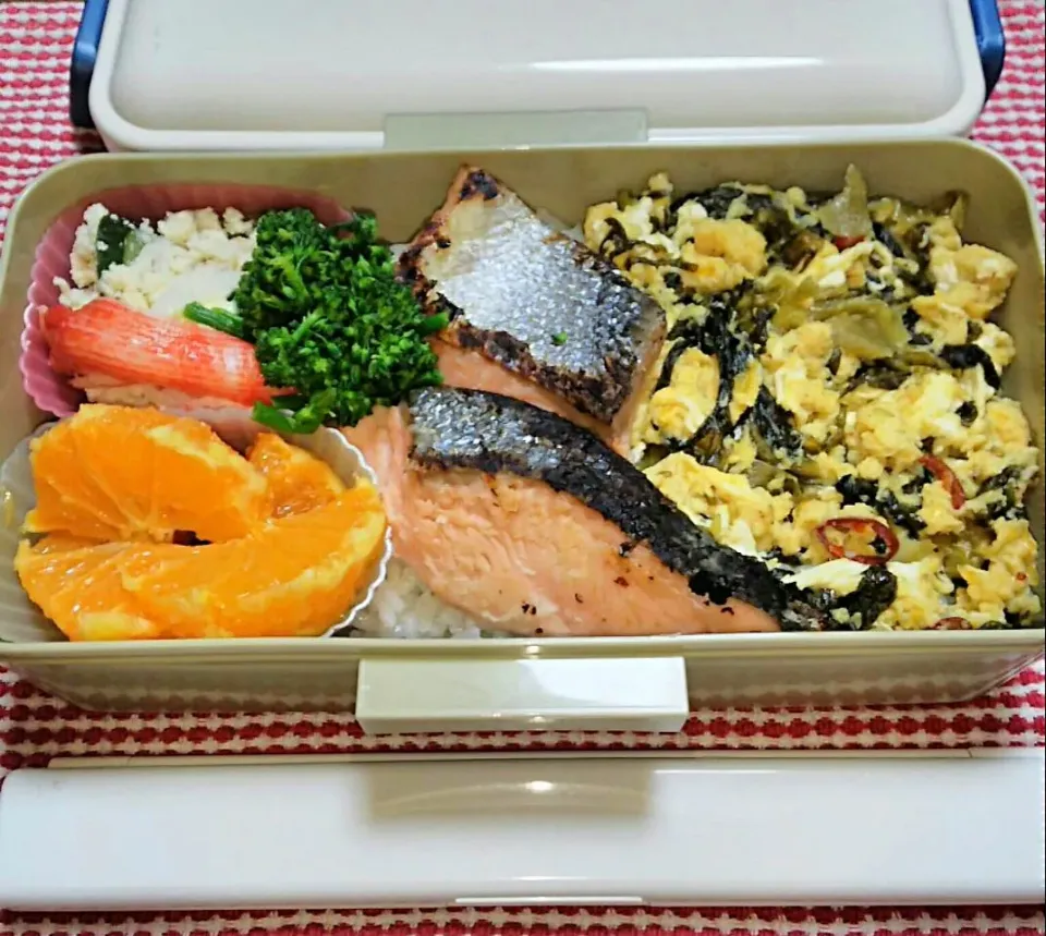 Snapdishの料理写真:旦那夜勤弁当🍱
高菜卵とじ、鮭塩麹、
おからでサラダ～|miimiさん