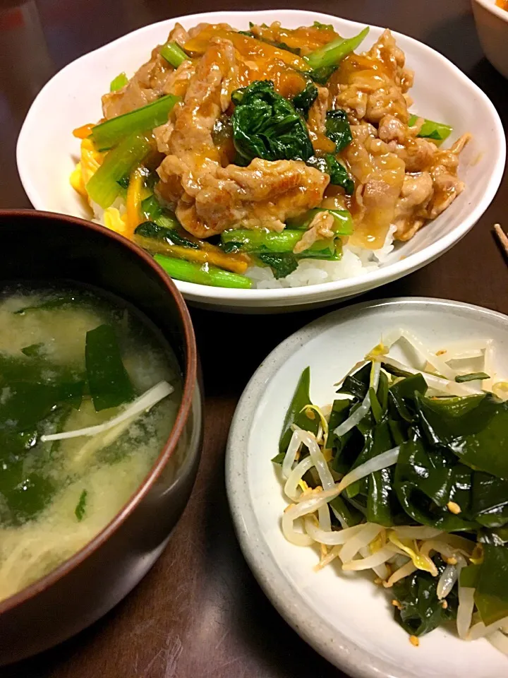 Snapdishの料理写真:小松菜と豚肉の丼＆もやしとワカメのナムル|Etsuko  Takakiさん