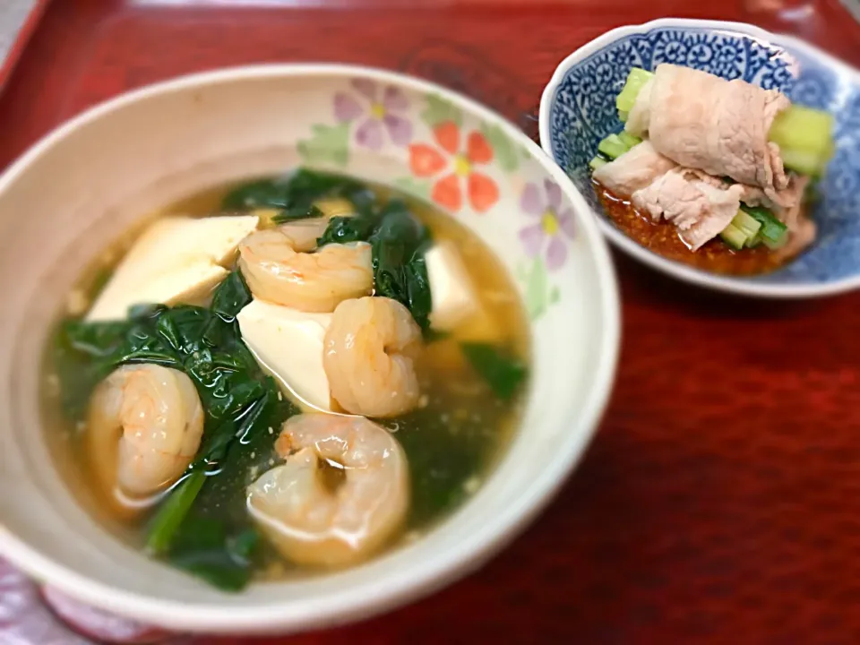 温豆腐えびとホウレンソウ、冷しゃぶ豆板醤|こぼるさん