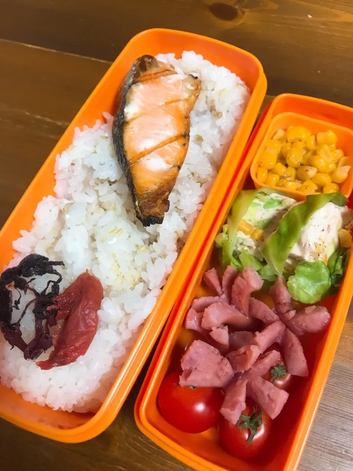 今日のお弁当#雑穀入りルク炊きごはん#焼き鮭#自家製梅干し#お花ウィンナー#ミニトマト#バターコーン#春キャベツとツナのテリーヌはレッスンから拝借|料理家めーらさん