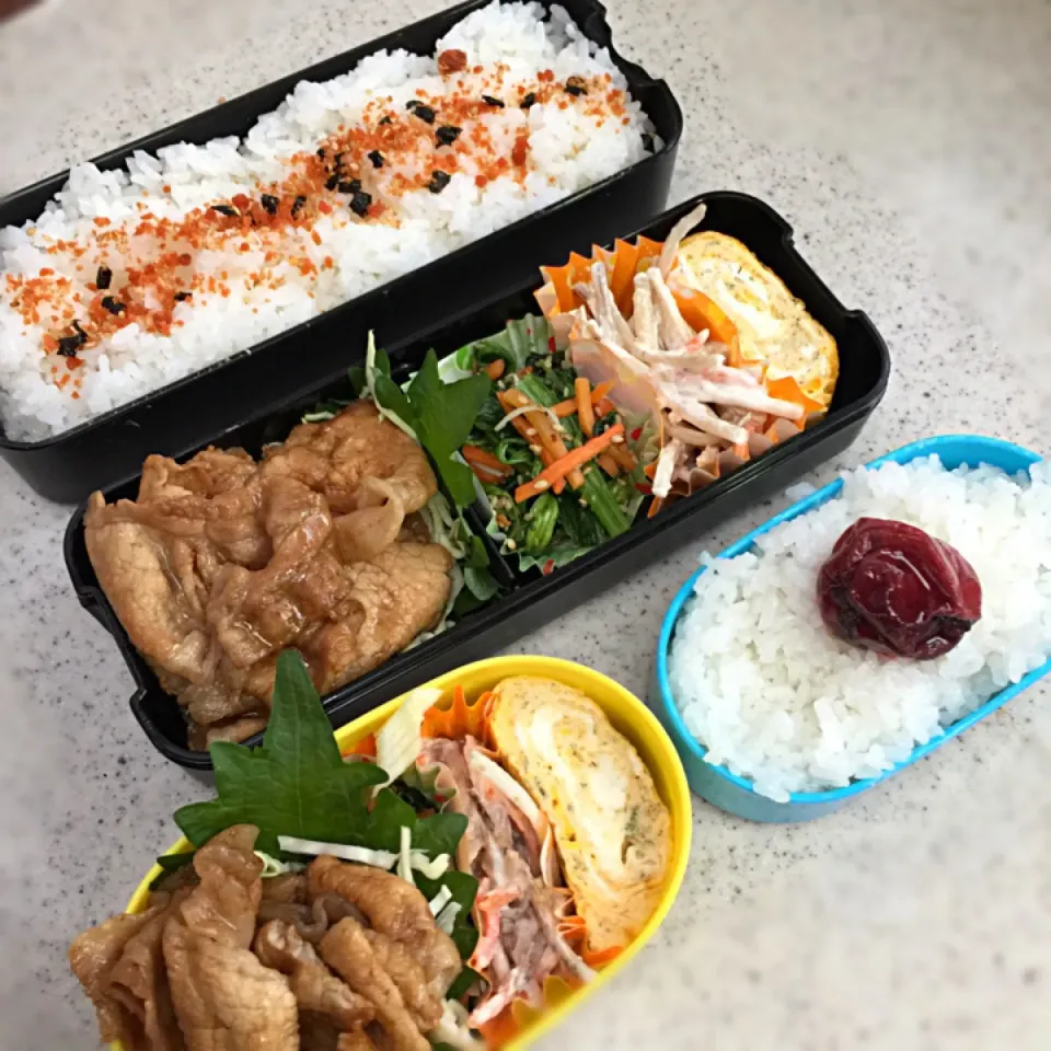 今日のお弁当♡しょうが焼き＊ごぼうサラダ＊ほうれん草胡麻和え＊青のり玉子焼き|♡I u♡さん