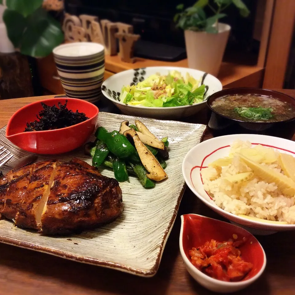 筍ご飯、鶏胸肉の塩麹焼き 2017.4.23|キラ姫さん