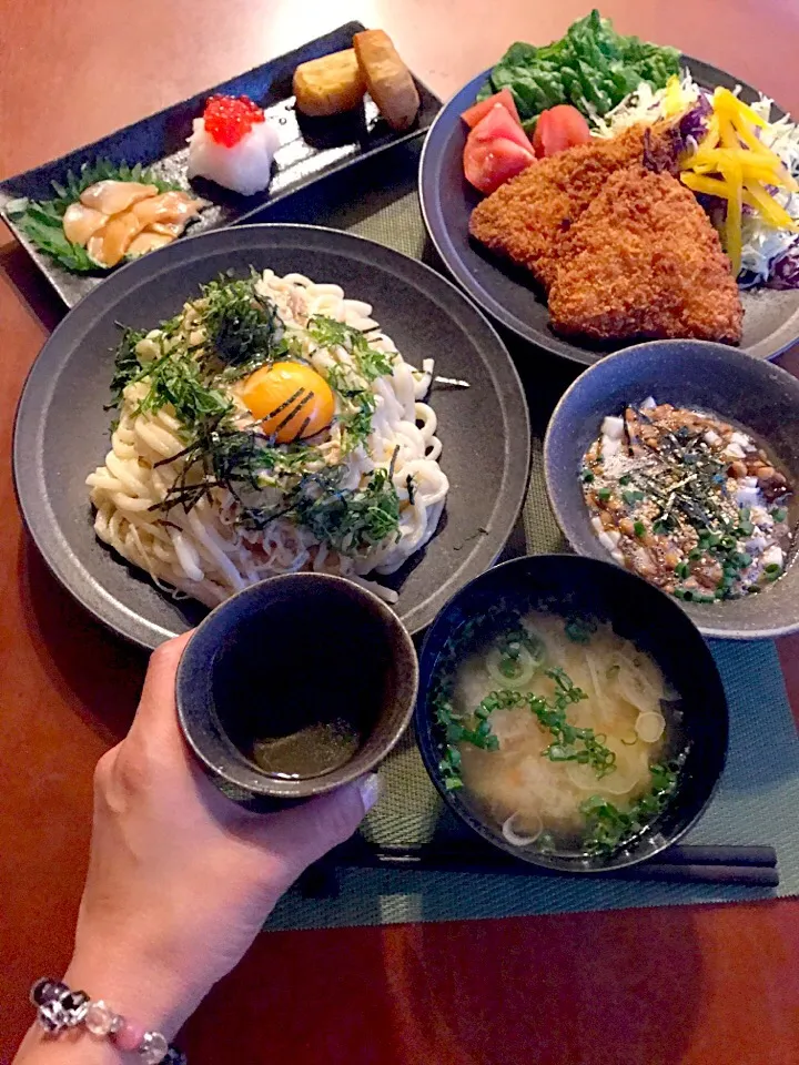 Today's Dinner🍴前菜･長芋,納豆&柚子もずく･ｱｼﾞﾌﾗｲ･ﾊﾞﾀｰﾀﾗｺのﾊﾟｽﾀ  卵黄添え･甘味お野菜のお味噌汁|🌈Ami🍻さん