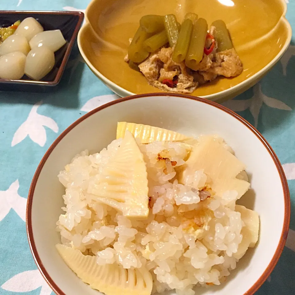 たけのこご飯、ふきとおあげの甘辛煮|めしさん