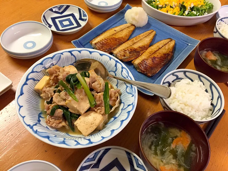 肉豆腐とサバの干物と水菜のサラダ|ルドルフさん