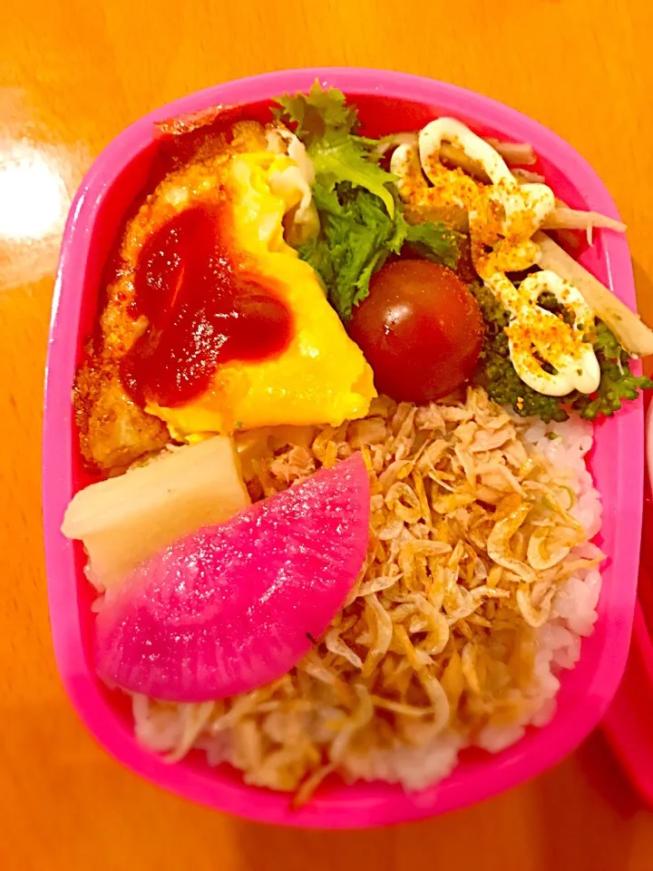 Snapdishの料理写真:パパお弁当🍱😋  オムレツ  牛蒡とブロッコリートマトわさび菜のサラダ  ツナマヨ  干し海老  大根の赤紫蘇漬け  大根の糠漬け|ch＊K*∀o(^^*)♪さん