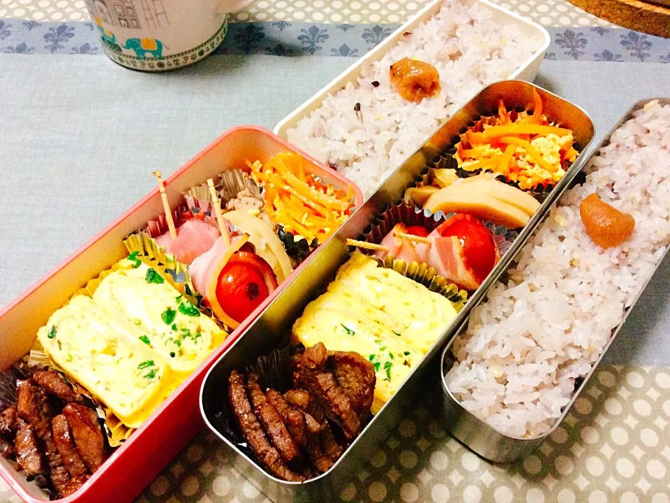 久しぶりに八穀米の父娘弁当🍱
#焼き肉
#青ねぎ入り卵焼き 
#プチトマトのベーコン巻き 
#筍と牛肉の炊き合わせ 
#人参しりしり
#父娘弁当🍱|madeleineさん