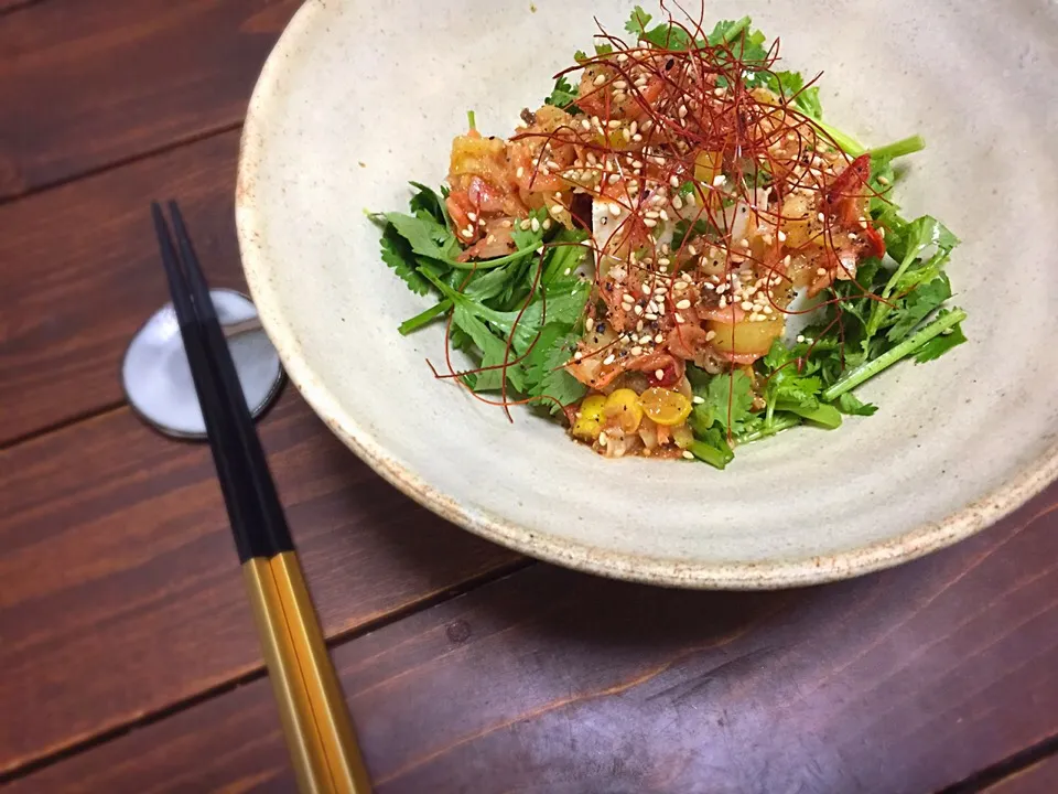 ネギと桜海老の自家製ダレ🦐で頂くパクチーやっこ🌿🍃|welcomeizumiさん