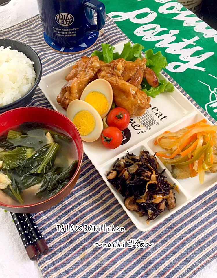 Snapdishの料理写真:息子のお昼ご飯
【お品書き】
照り焼きチキン
鯖の南蛮酢漬け
ひじき煮
小松菜と油揚げのお味噌汁
ご飯|nachiさん