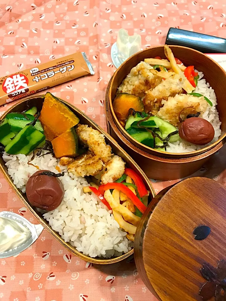 Snapdishの料理写真:ふたり弁当
雑穀ごはん
かぼちゃの煮物
カラーピーマンとちくわのピリ辛炒め
ささみのパン粉焼き
きゅうりの浅漬け
梅干し|ひななぎさん