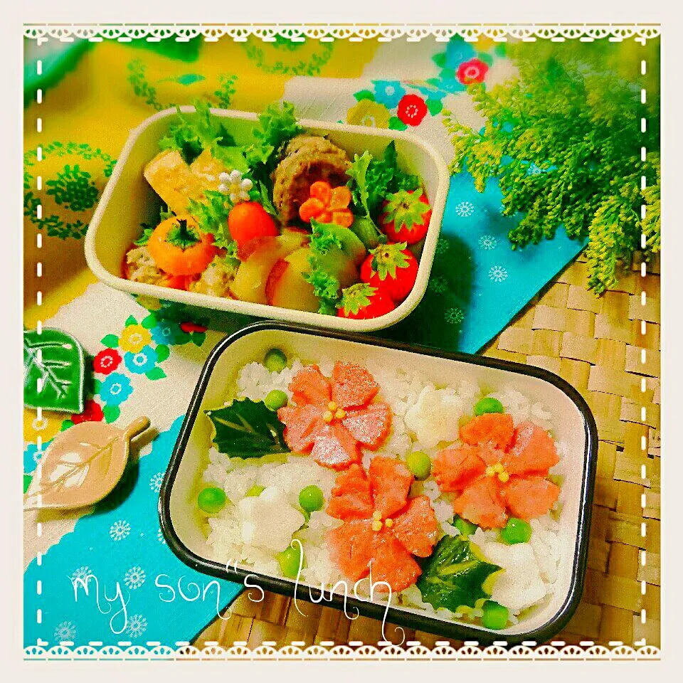 厚切りハムのお花乗っけ豆ご飯弁当|kotokotoさん