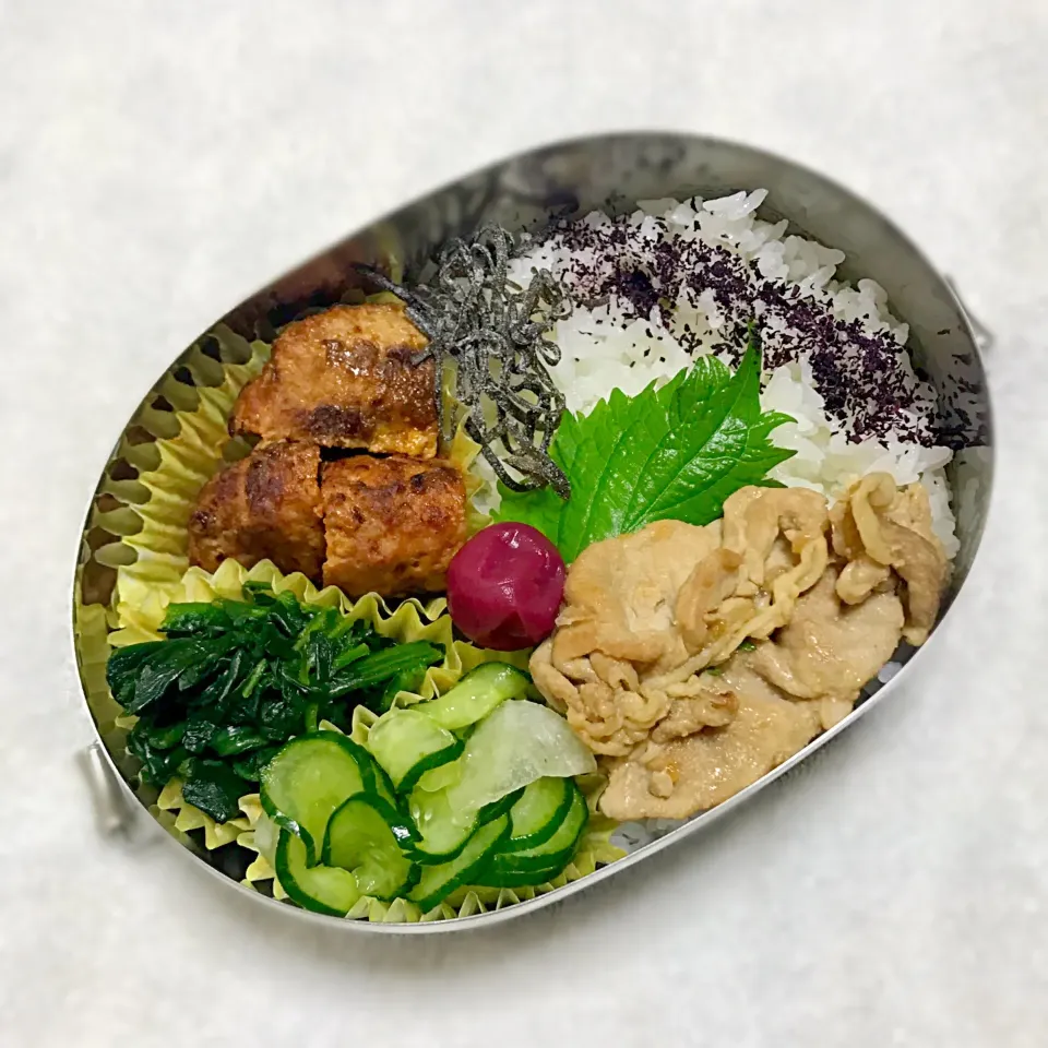 Snapdishの料理写真:ゆかりご飯  梅干しと塩昆布添え
ハンバーグ
豚肉の甘辛炒め
ほうれん草のお浸し
キュウリと大根の浅漬け|Juneさん