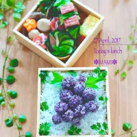 Snapdishの料理写真:2017.4.27㈭♡(･∀･)ﾅ~ﾝﾁｬｯﾃ🍇弁当
#お弁当 
#おひるごはん 
#ぶどう