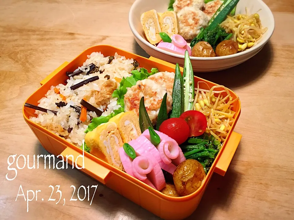 Snapdishの料理写真:2017.4.23 長男⚽️試合お弁当♪、次男⚽️練習前お弁当♪|プーティさん