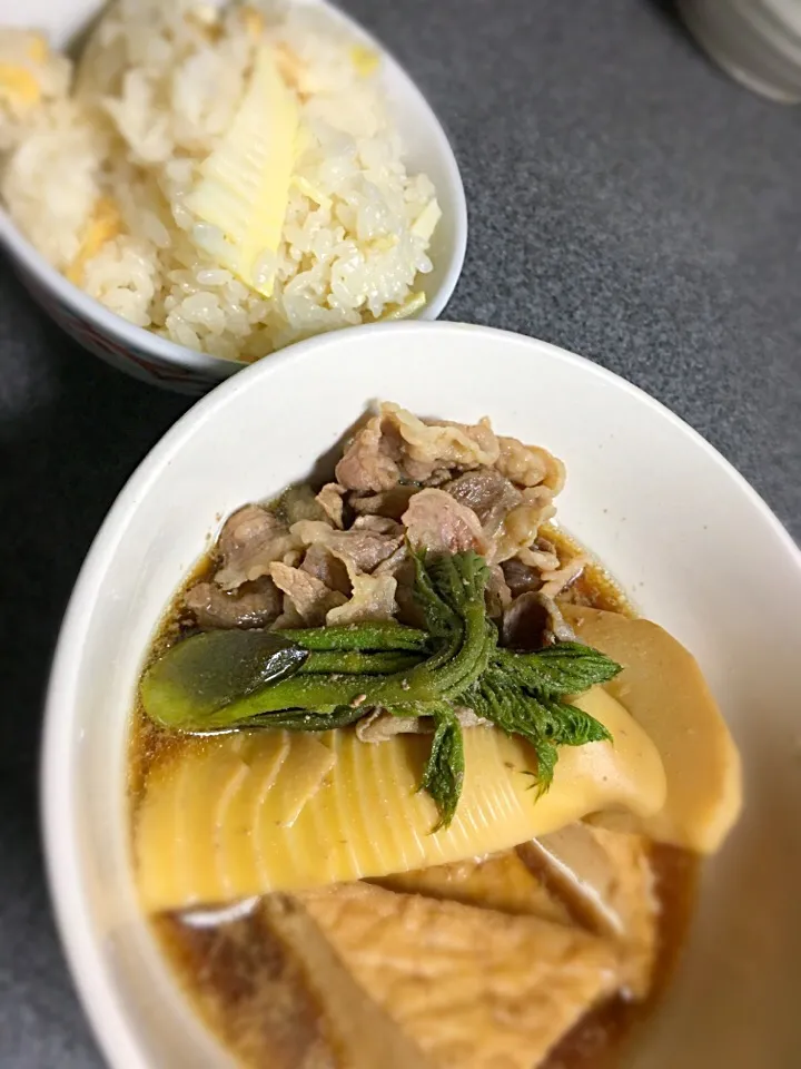 タケノコご飯と牛肉とタケノコ、油揚げの煮物|yukarinさん