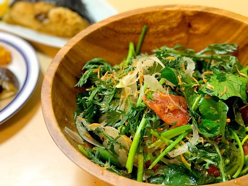 春菊とサラダほうれん草のアミエビかけサラダ 胡麻油味|マハロ菊池さん