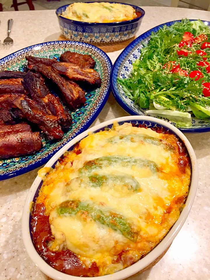 焼きカレー＆スペアリブと春菊のサラダ🥗|Mayumiさん