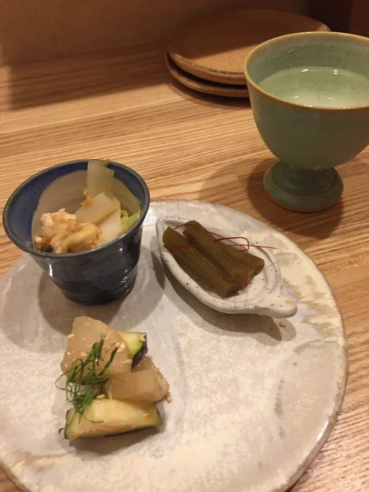 Snapdishの料理写真:お通し。 フキ・水茄子とヤーコンの梅肉和え・鳥のスジとネギのぬた。|MORiさん