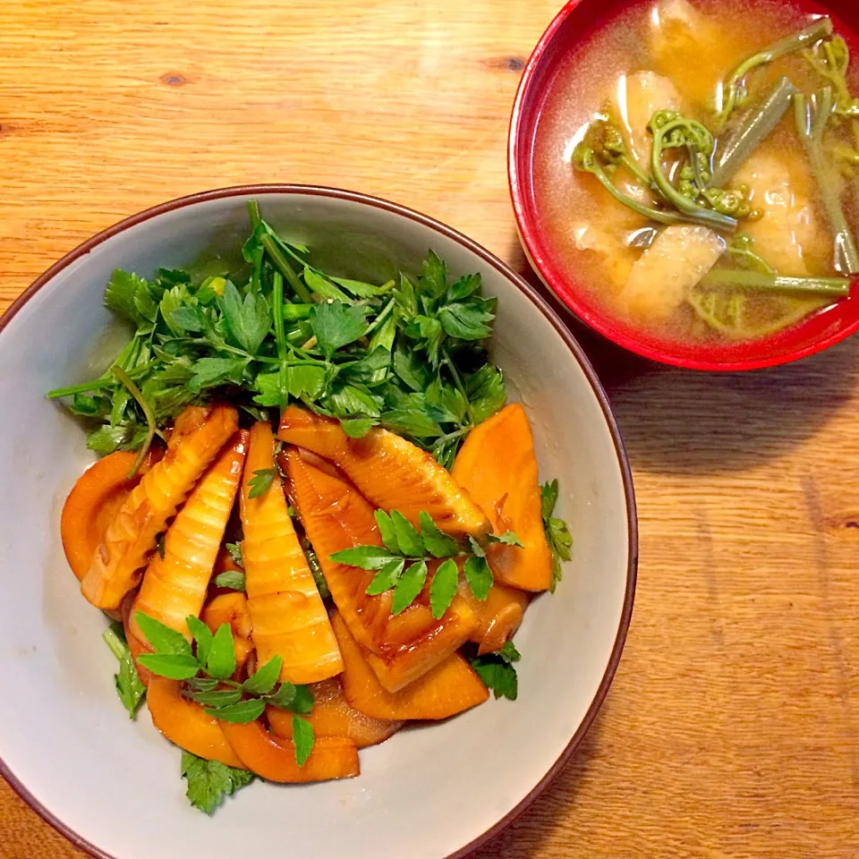 vegan グルテンフリー シュガーフリー
筍ステーキ丼
ワラビの味噌汁|makiko_aさん