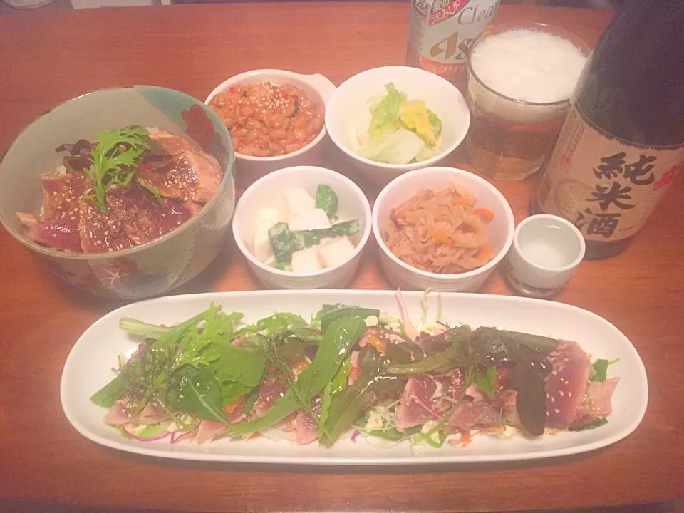 鰹の漬け丼＊鰹のたたきサラダ仕立て＊オクラ山芋塩麹和え＊キムチ納豆腐(^^)|basilさん